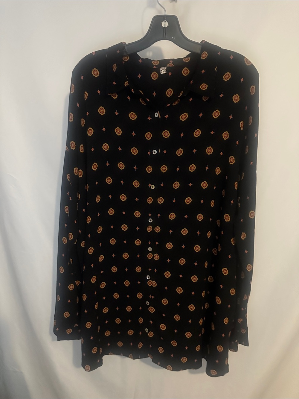 Free People Black Button-Down Shirt with Orange Medallion Print